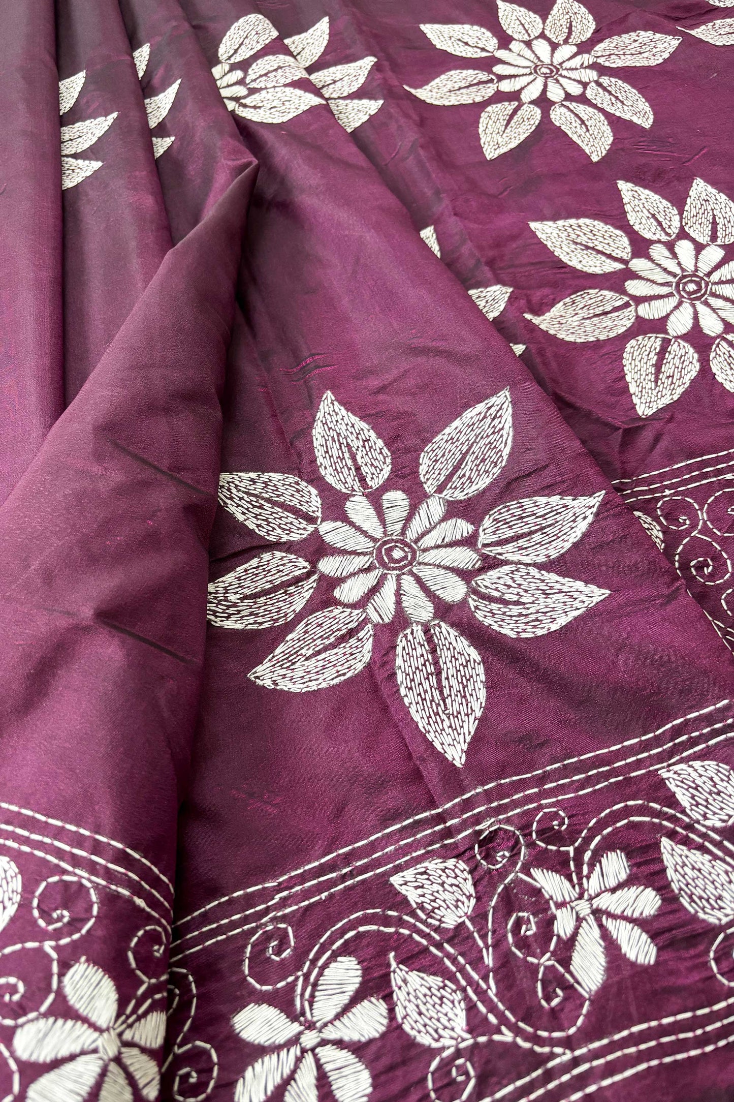 Purple(Jamun) Silk Kantha Stitch Saree