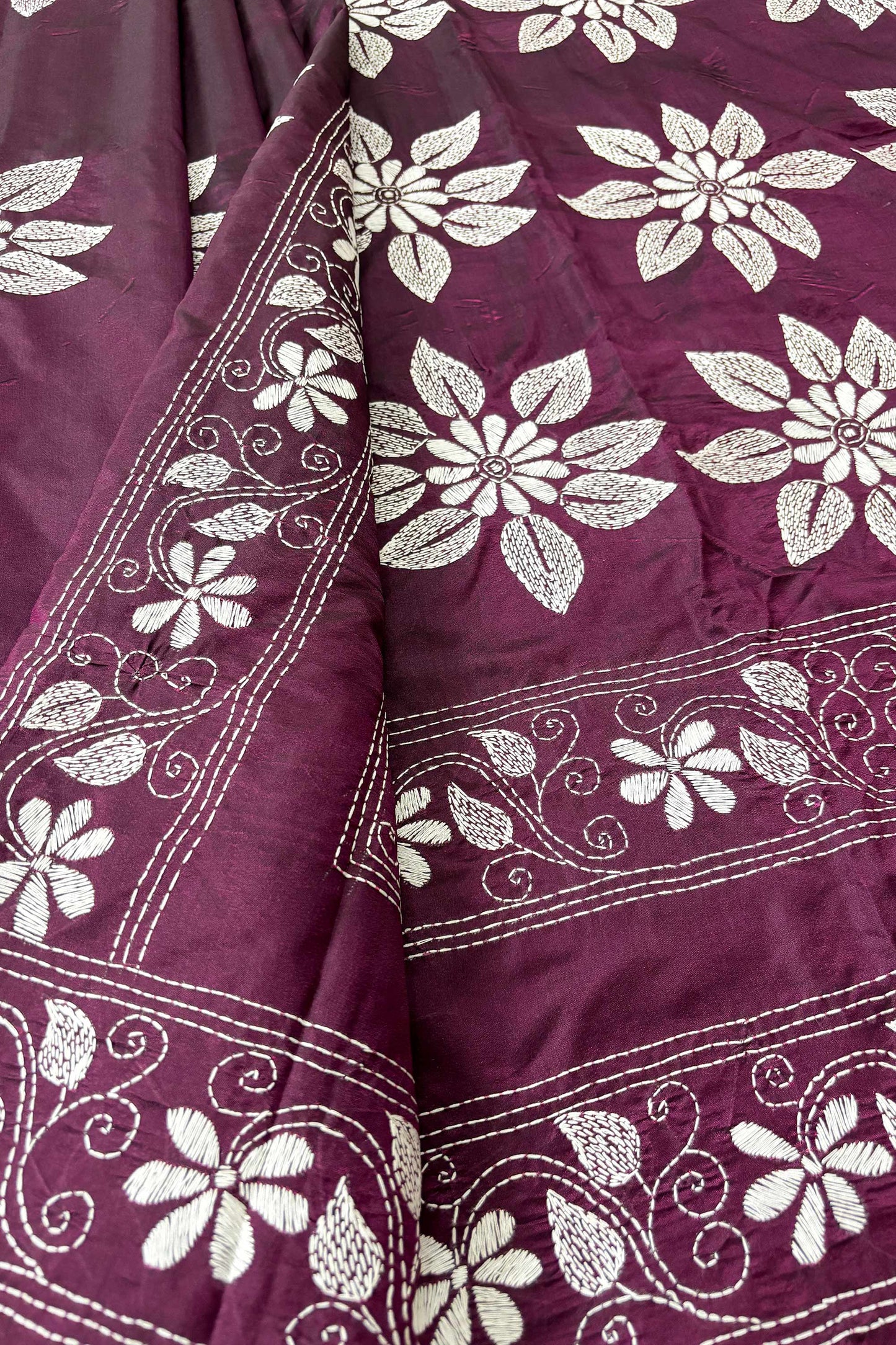 Purple(Jamun) Silk Kantha Stitch Saree