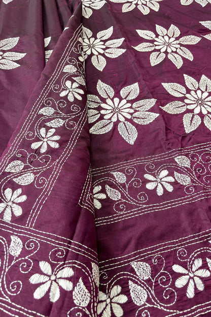 Purple(Jamun) Silk Kantha Stitch Saree