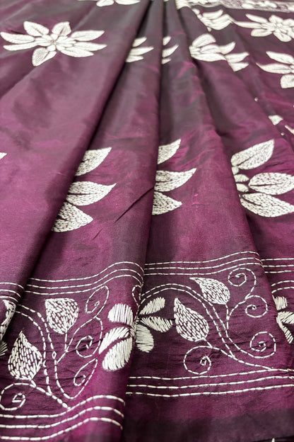 Purple(Jamun) Silk Kantha Stitch Saree