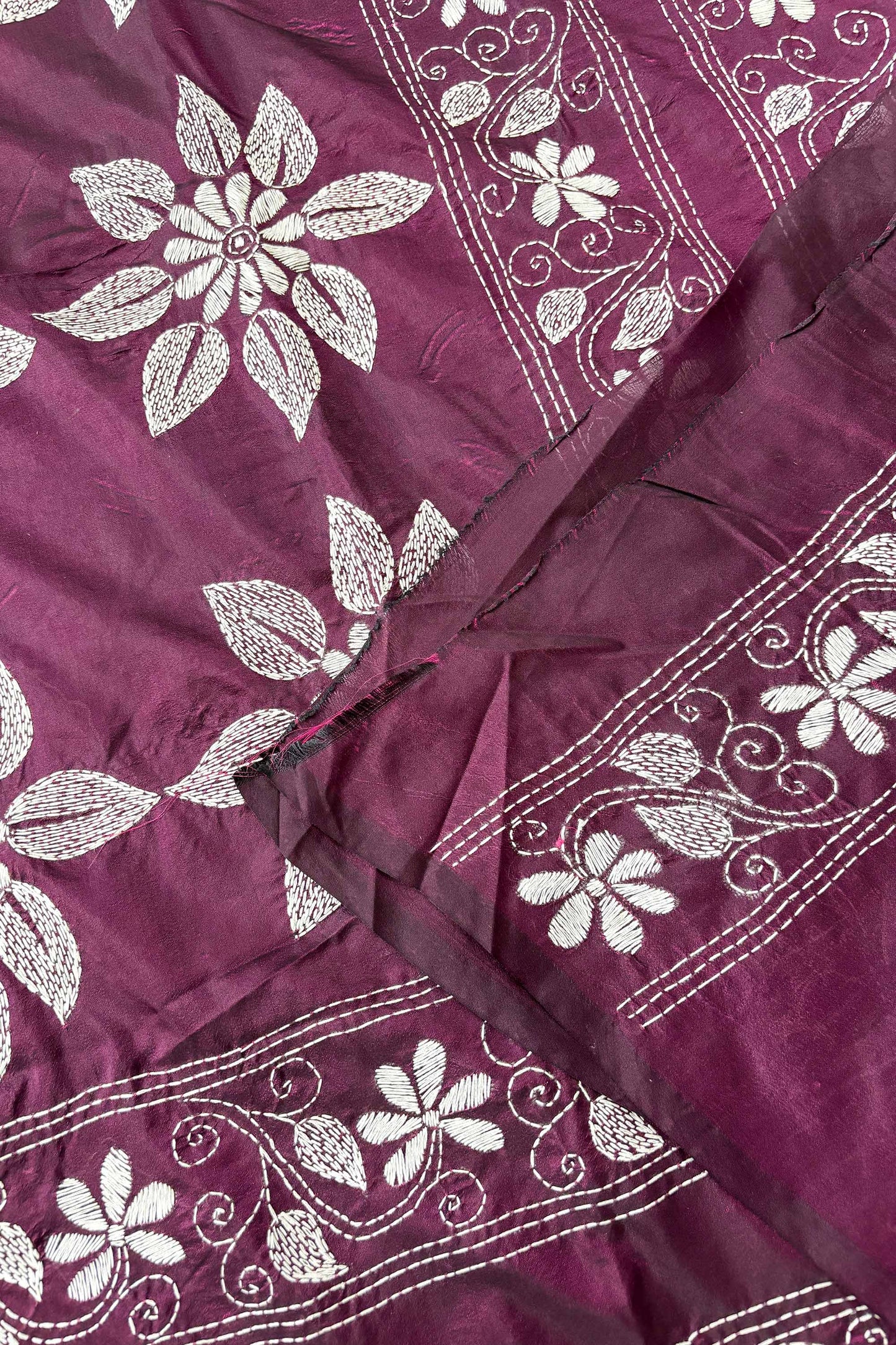 Purple(Jamun) Silk Kantha Stitch Saree
