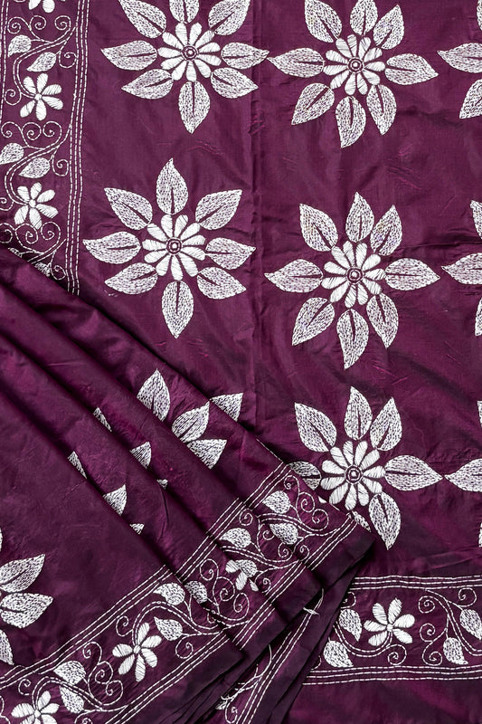 Purple(Jamun) Silk Kantha Stitch Saree