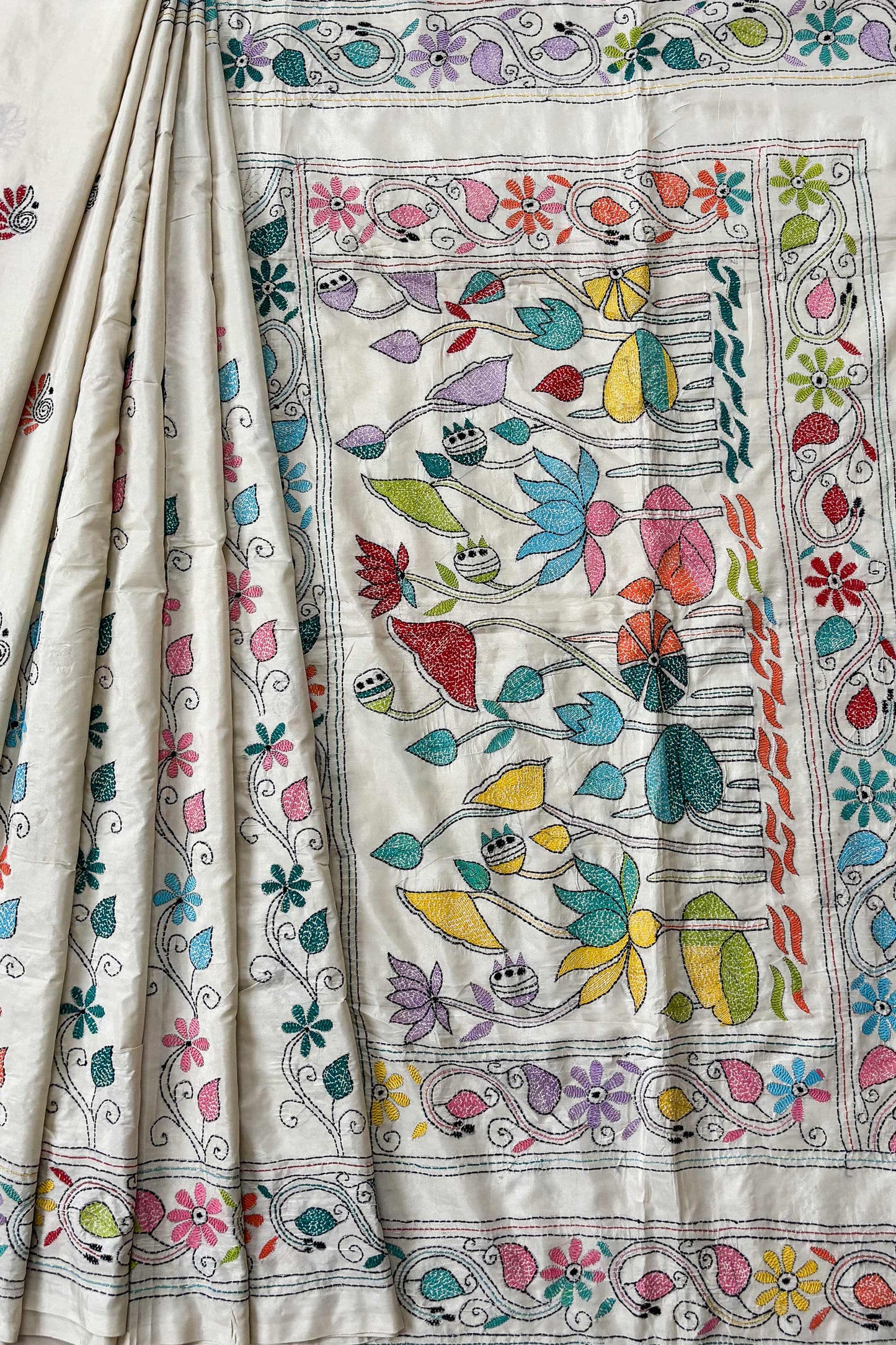 Cream Silk Kantha Stitch Saree