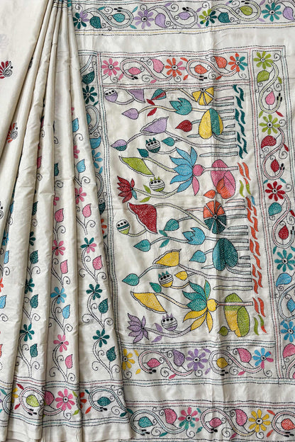 Cream Silk Kantha Stitch Saree