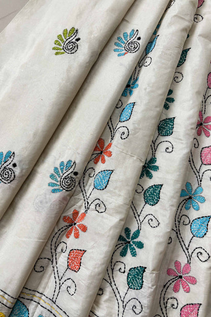 Cream Silk Kantha Stitch Saree