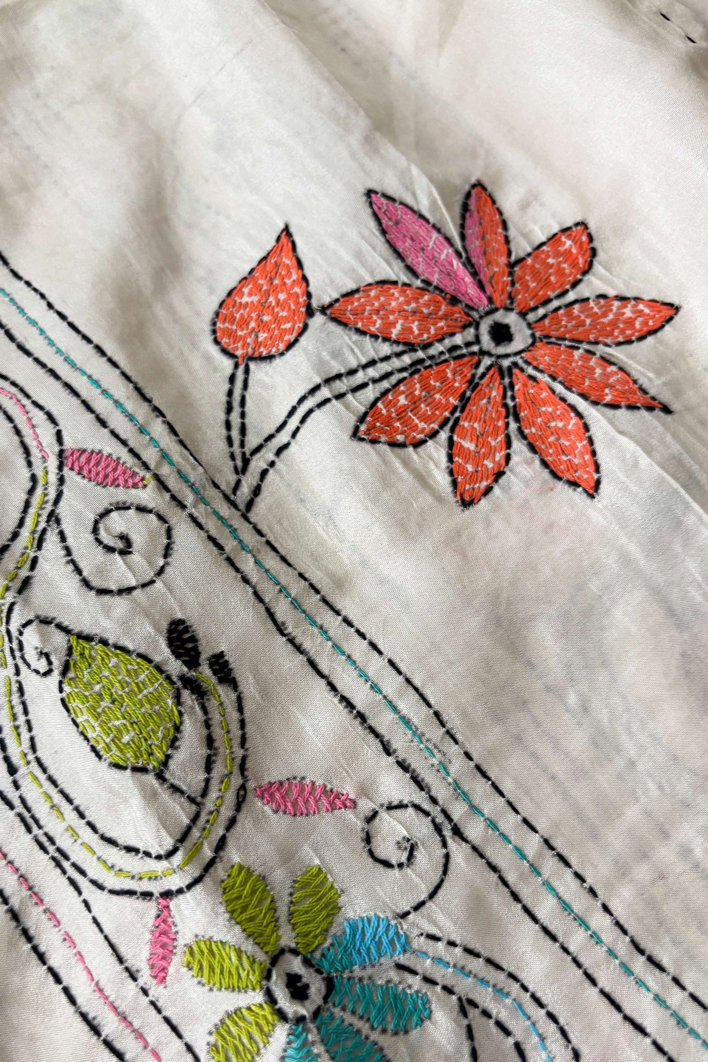 Cream Silk Kantha Stitch Saree