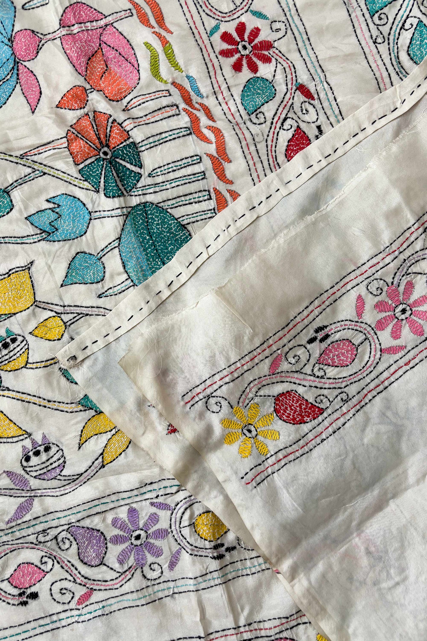 Cream Silk Kantha Stitch Saree