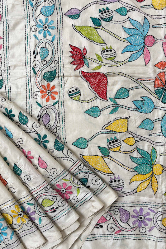 Cream Silk Kantha Stitch Saree