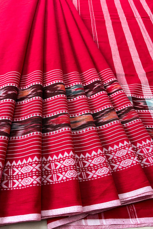 Red white Dhaniakhali Ikat Woven Fish Motifs Border Cotton Saree