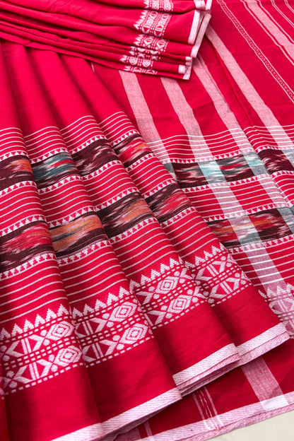 Red white Dhaniakhali Ikat Woven Fish Motifs Border Cotton Saree