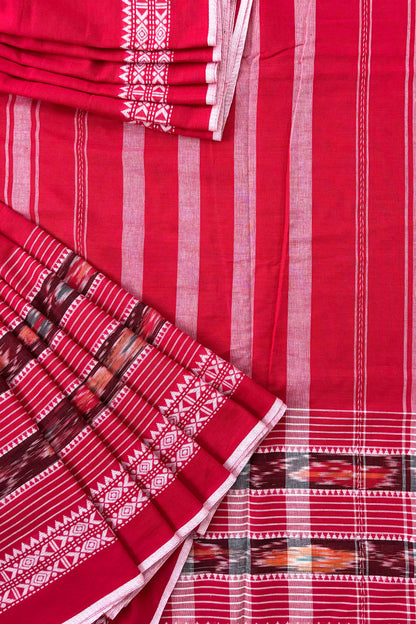 Red white Dhaniakhali Ikat Woven Fish Motifs Border Cotton Saree