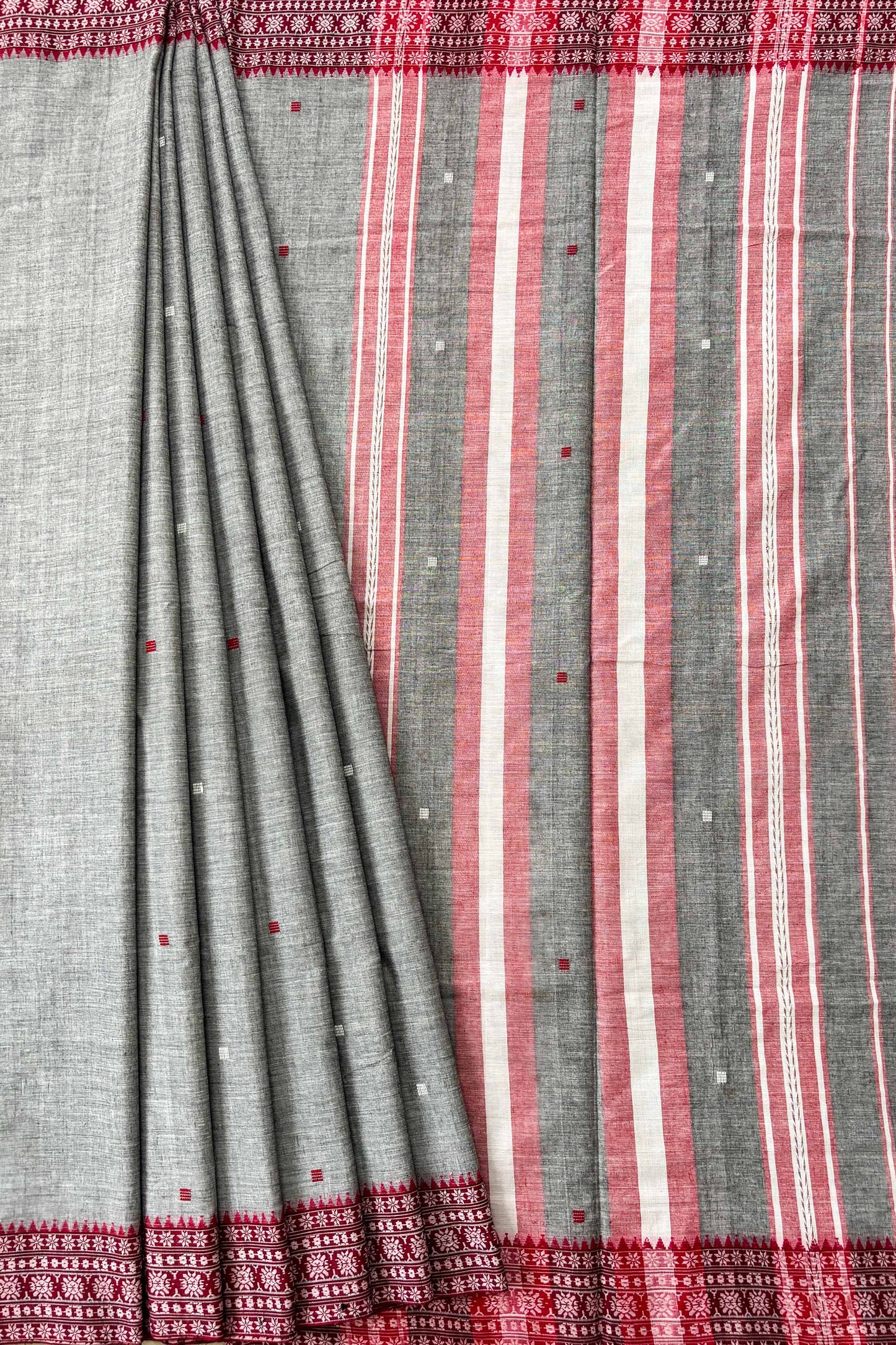 Grey Dhaniakhali Cotton Saree Red Woven Borders