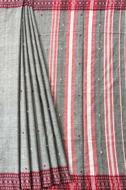 Grey Dhaniakhali Cotton Saree Red Woven Borders