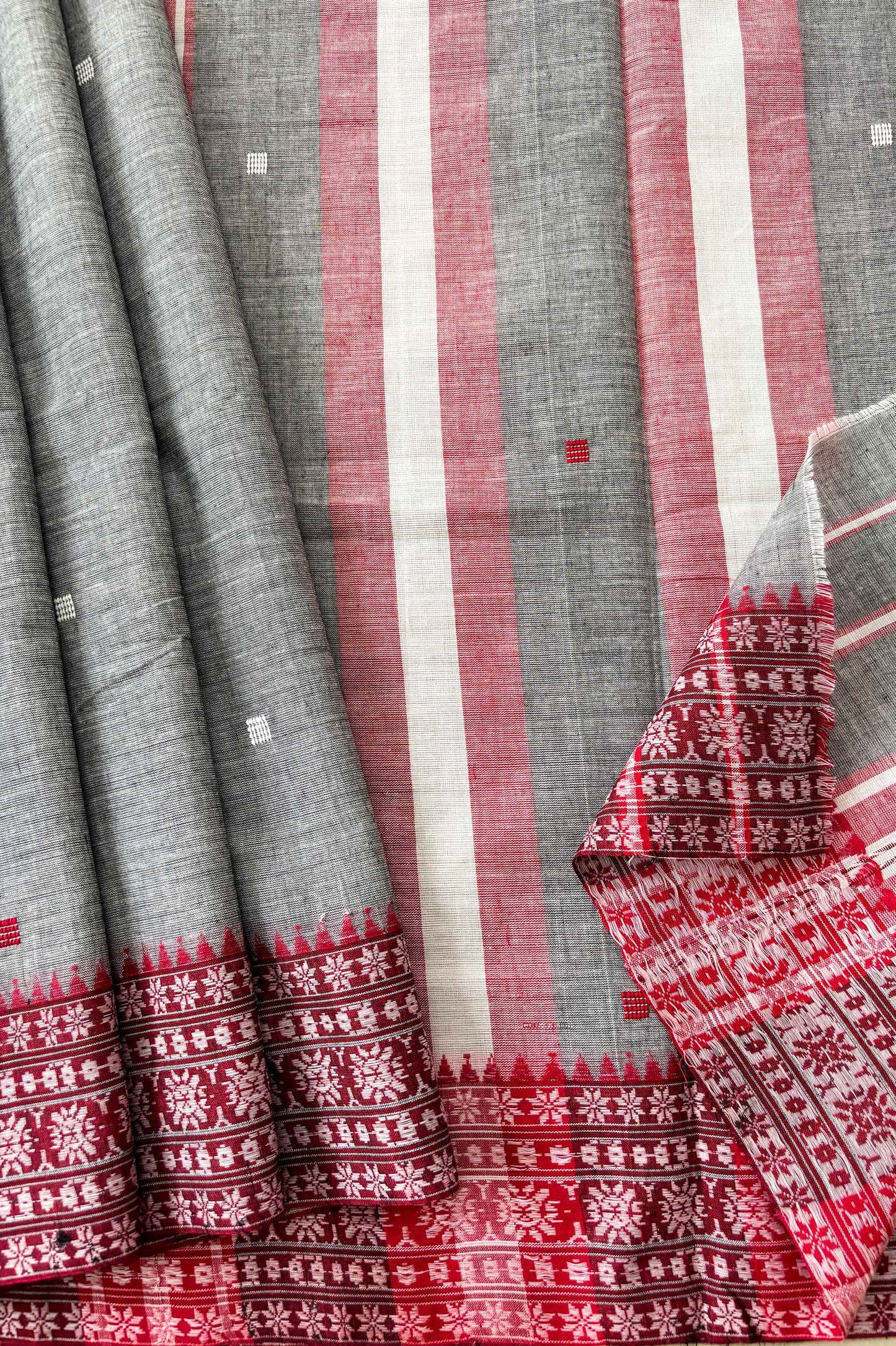 Grey Dhaniakhali Cotton Saree Red Woven Borders