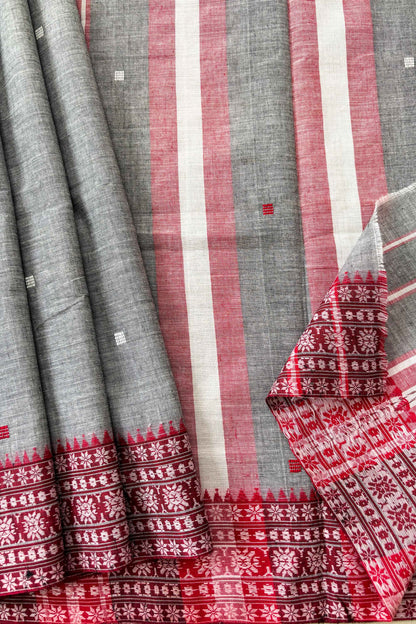 Grey Dhaniakhali Cotton Saree Red Woven Borders