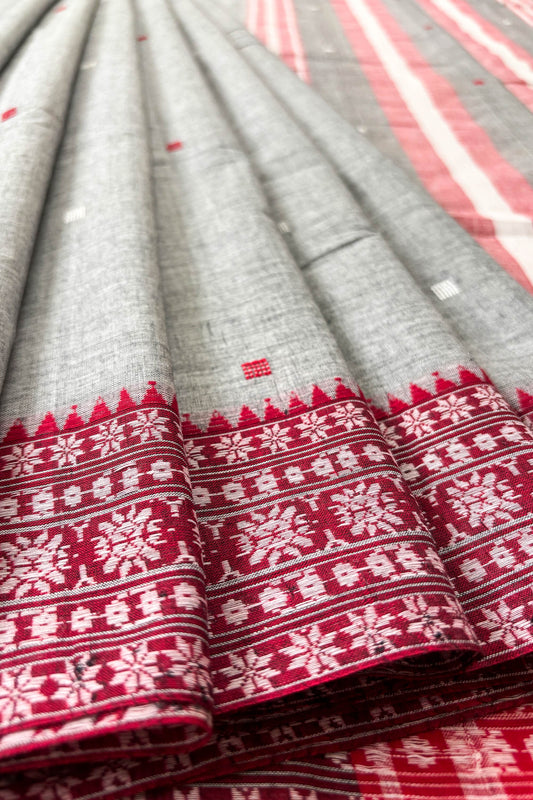 Grey Dhaniakhali Cotton Saree Red Woven Borders