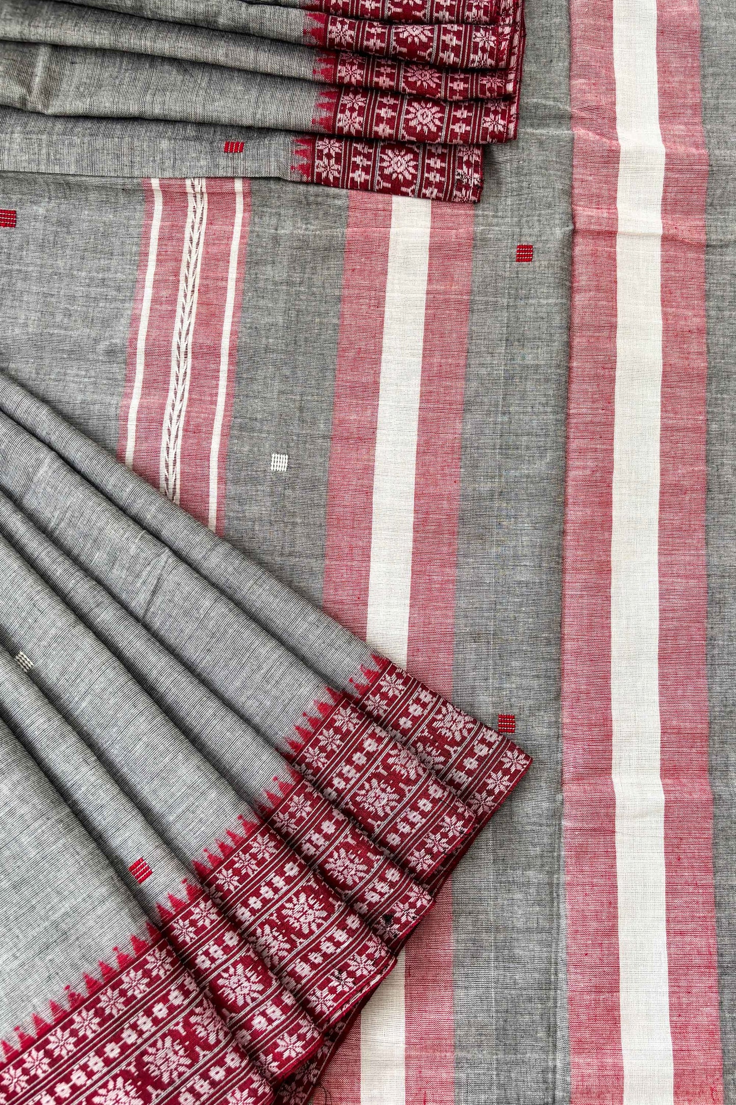 Grey Dhaniakhali Cotton Saree Red Woven Borders