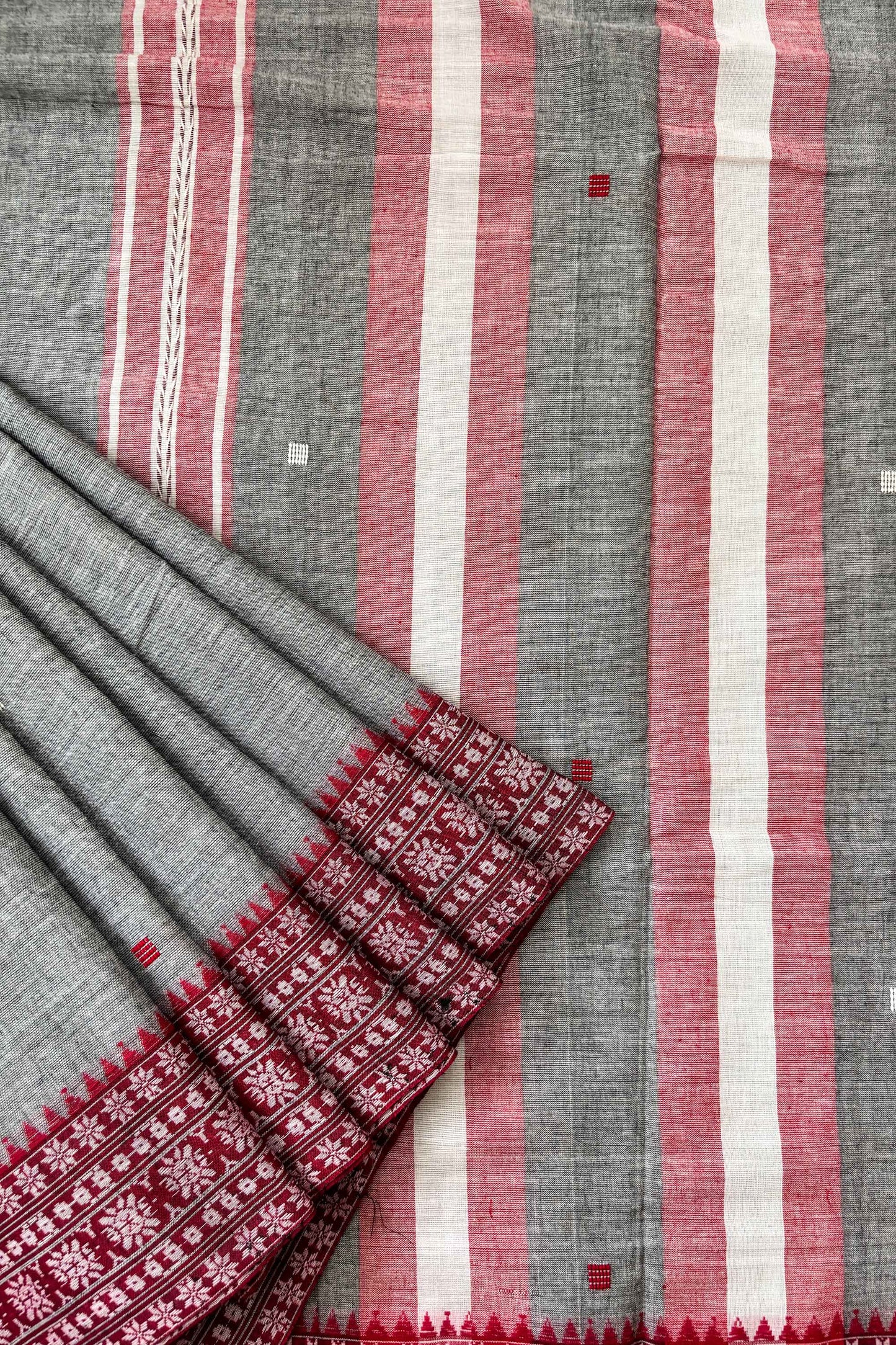 Grey Dhaniakhali Cotton Saree Red Woven Borders