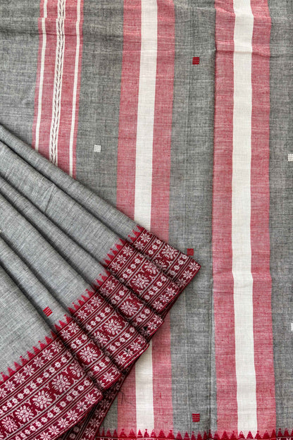 Grey Dhaniakhali Cotton Saree Red Woven Borders