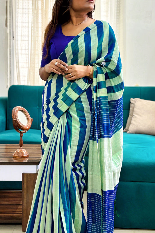 Iridescent Blue-Aqua Green Stripes Cotton Tissue Saree
