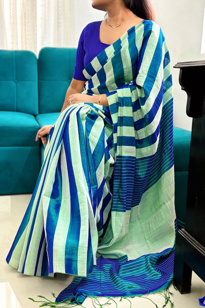 Iridescent Blue-Aqua Green Stripes Cotton Tissue Saree