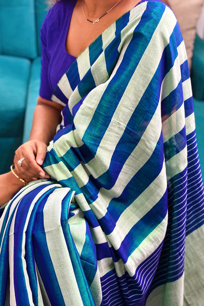 Iridescent Blue-Aqua Green Stripes Cotton Tissue Saree
