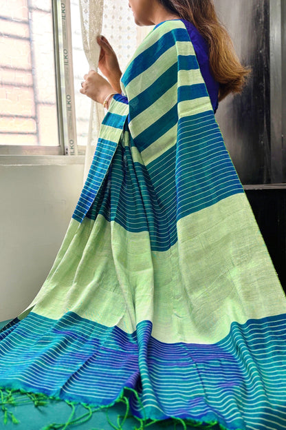 Iridescent Blue-Aqua Green Stripes Cotton Tissue Saree