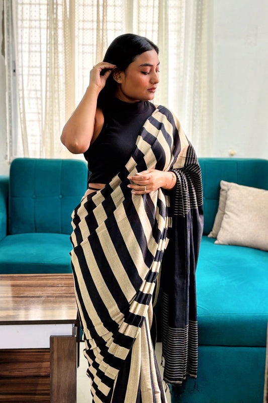 Black-Beige Stripes Cotton Tissue Saree