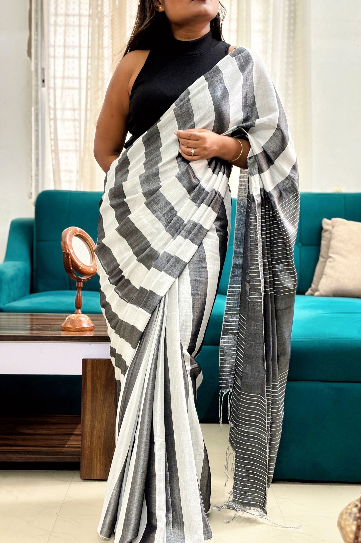 Slate-Silver Tissue Linen Saree