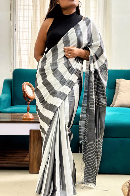 Slate-Silver Tissue Linen Saree