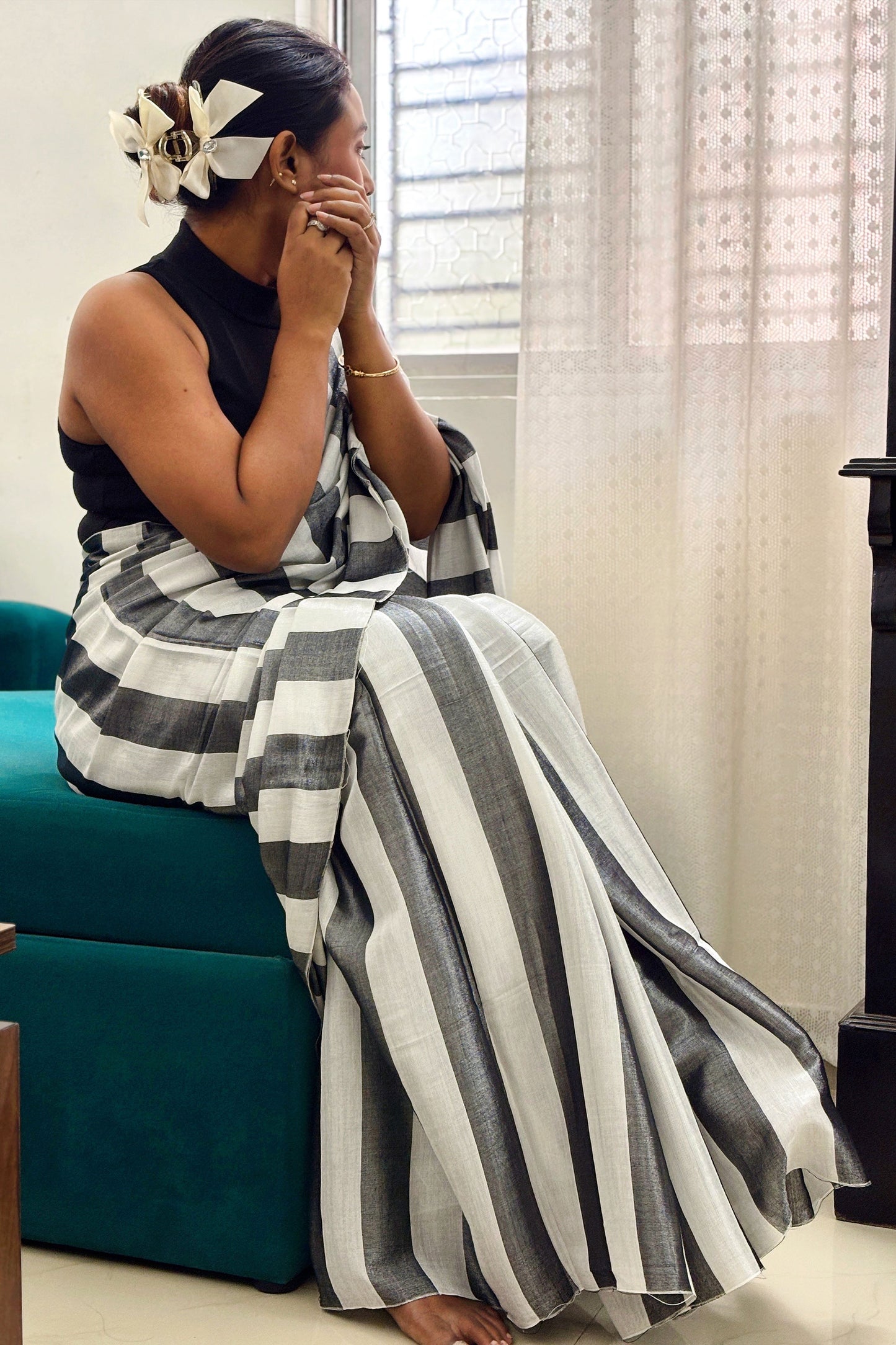 Slate-Silver Tissue Linen Saree