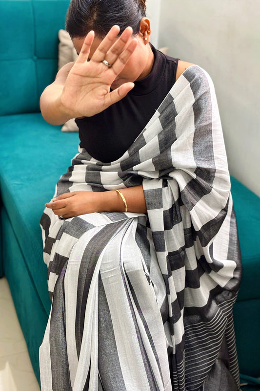 Slate-Silver Stripes Cotton Tissue Saree