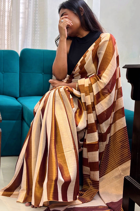 Golden-Champagne Stripes Cotton Tissue Saree
