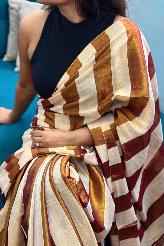 Golden-Champagne Tissue Linen Saree