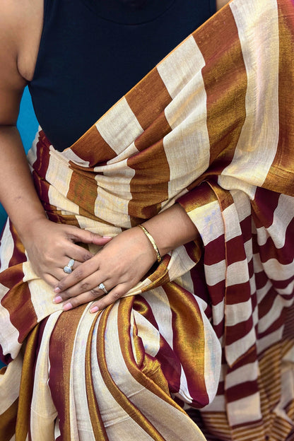 Golden-Champagne Tissue Linen Saree