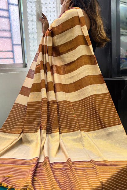 Golden-Champagne Tissue Linen Saree