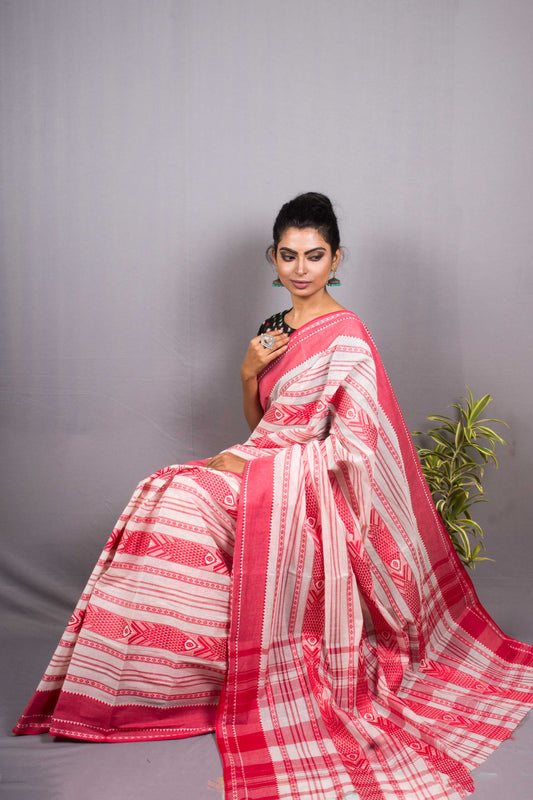 White- Red Fish Motifs Dhaniakhali Cotton Saree