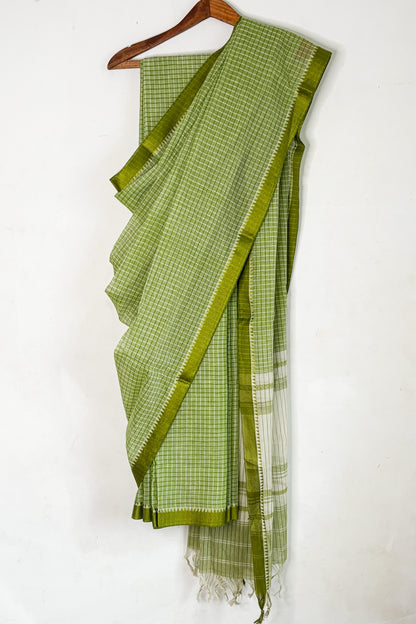Green White Check Cotton Dhaniakhali Saree