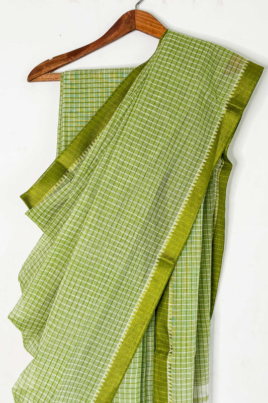 Green White Check Cotton Dhaniakhali Saree