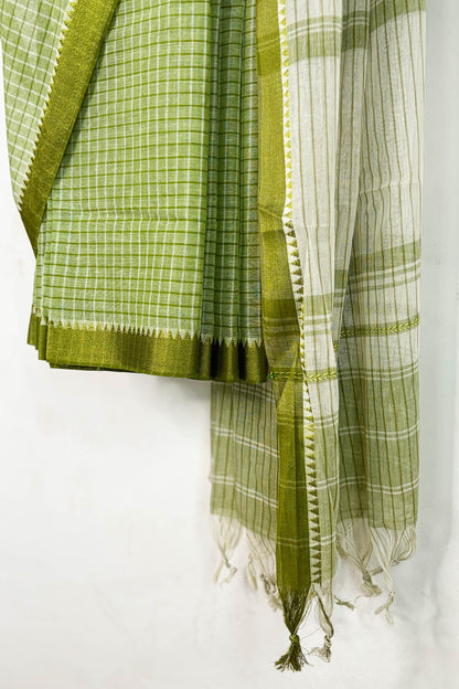 Green White Check Cotton Dhaniakhali Saree