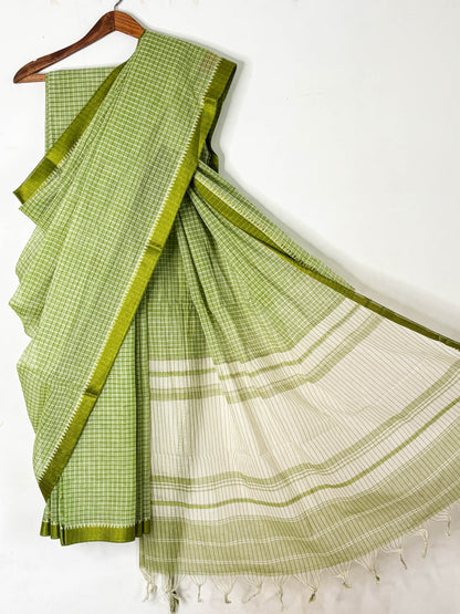 Green White Check Cotton Dhaniakhali Saree