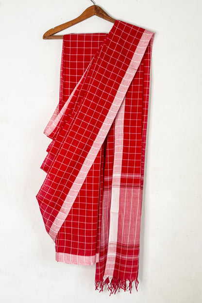 Red White Check Cotton Dhaniakhali Saree