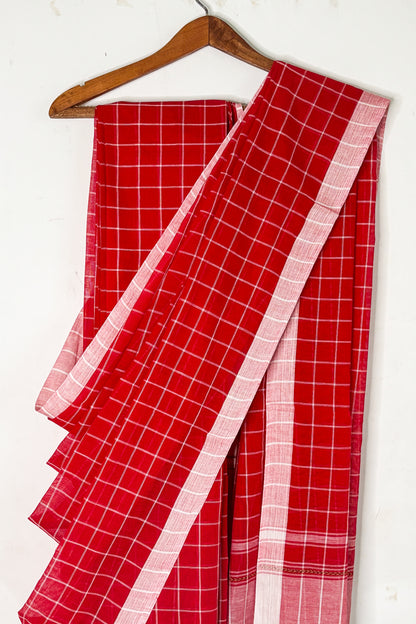 Red White Check Cotton Dhaniakhali Saree