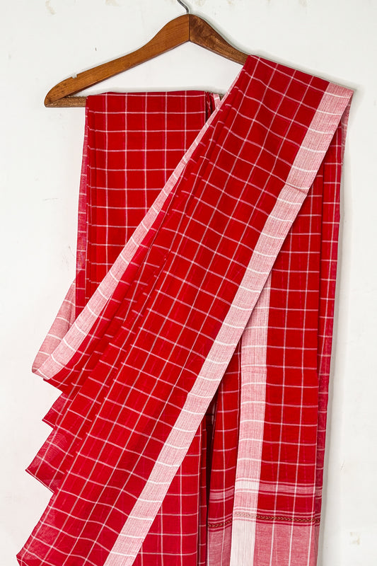 Red White Check Cotton Dhaniakhali Saree