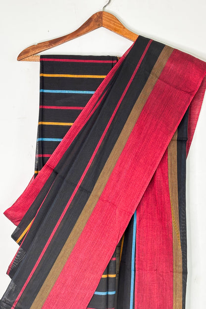Black Dhaniakhali Cotton Saree with Multicolor Stripes and Red Border