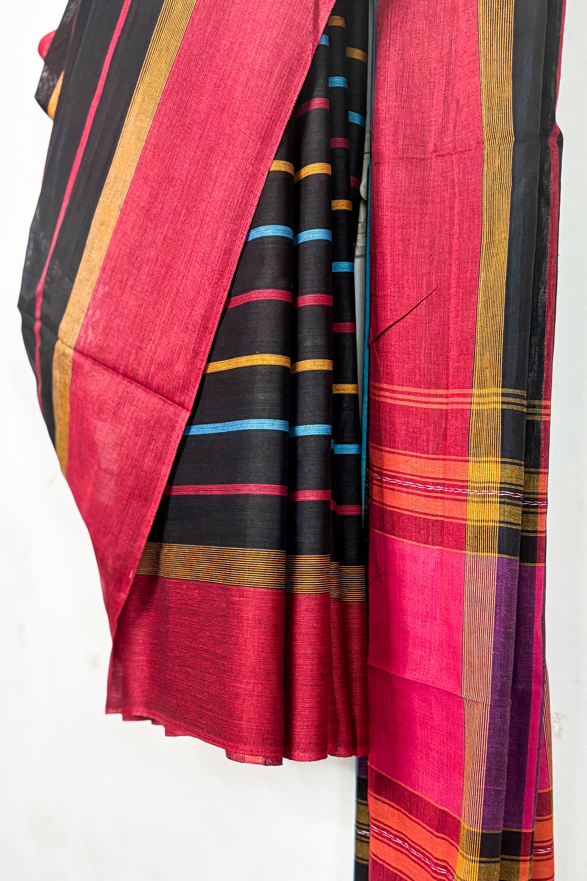 Black Multicolor Stripes Cotton Dhaniakhali Saree
