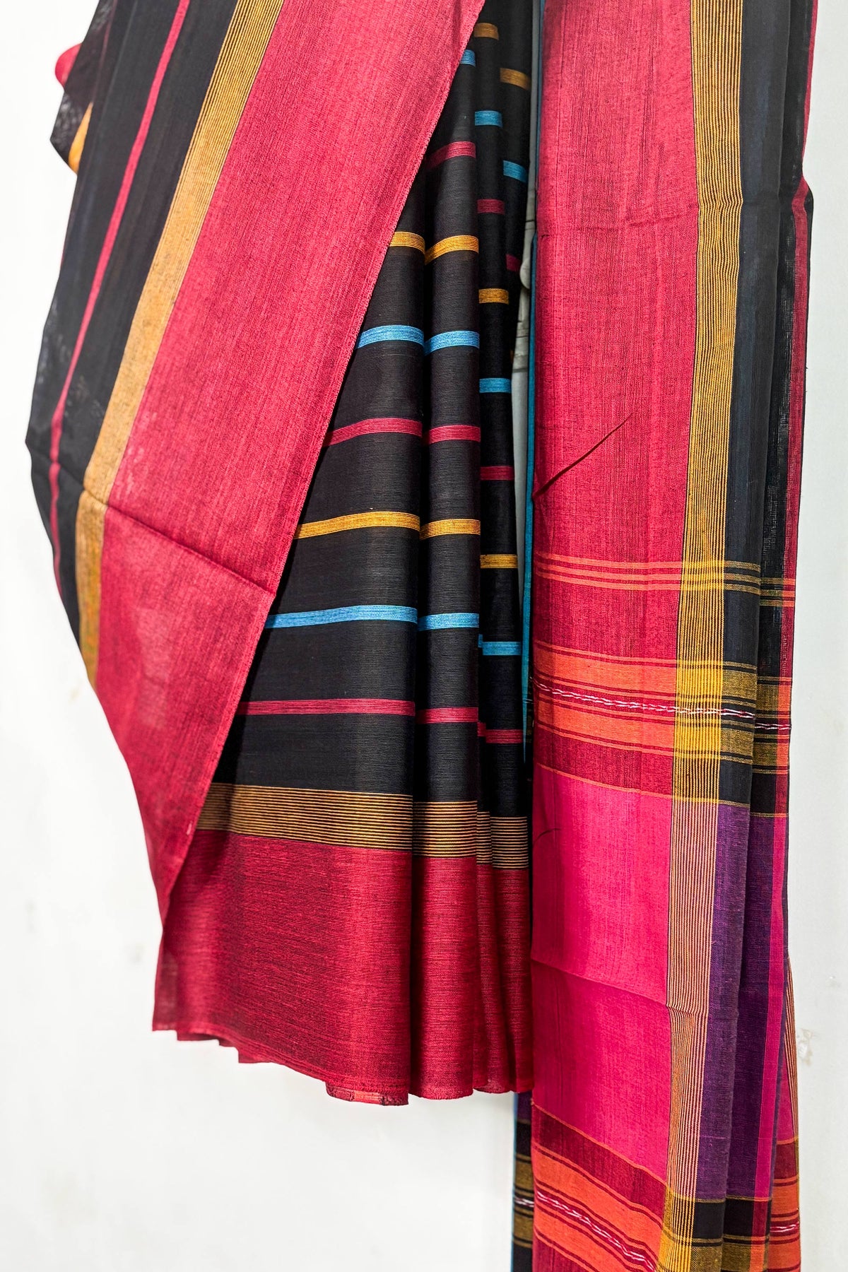Black Dhaniakhali Cotton Saree with Multicolor Stripes and Red Border