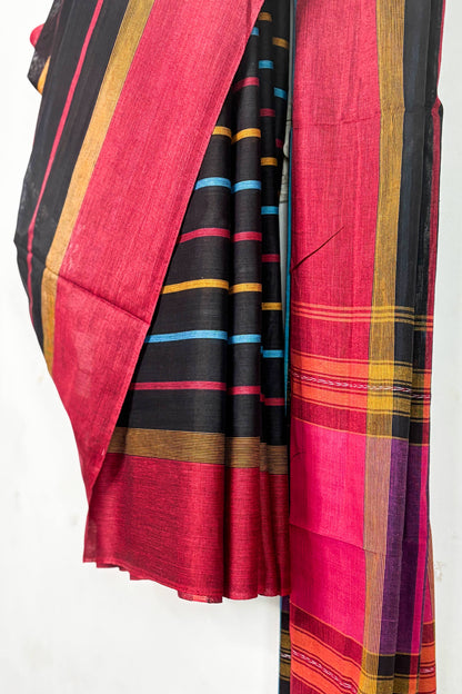 Black Dhaniakhali Cotton Saree with Multicolor Stripes and Red Border
