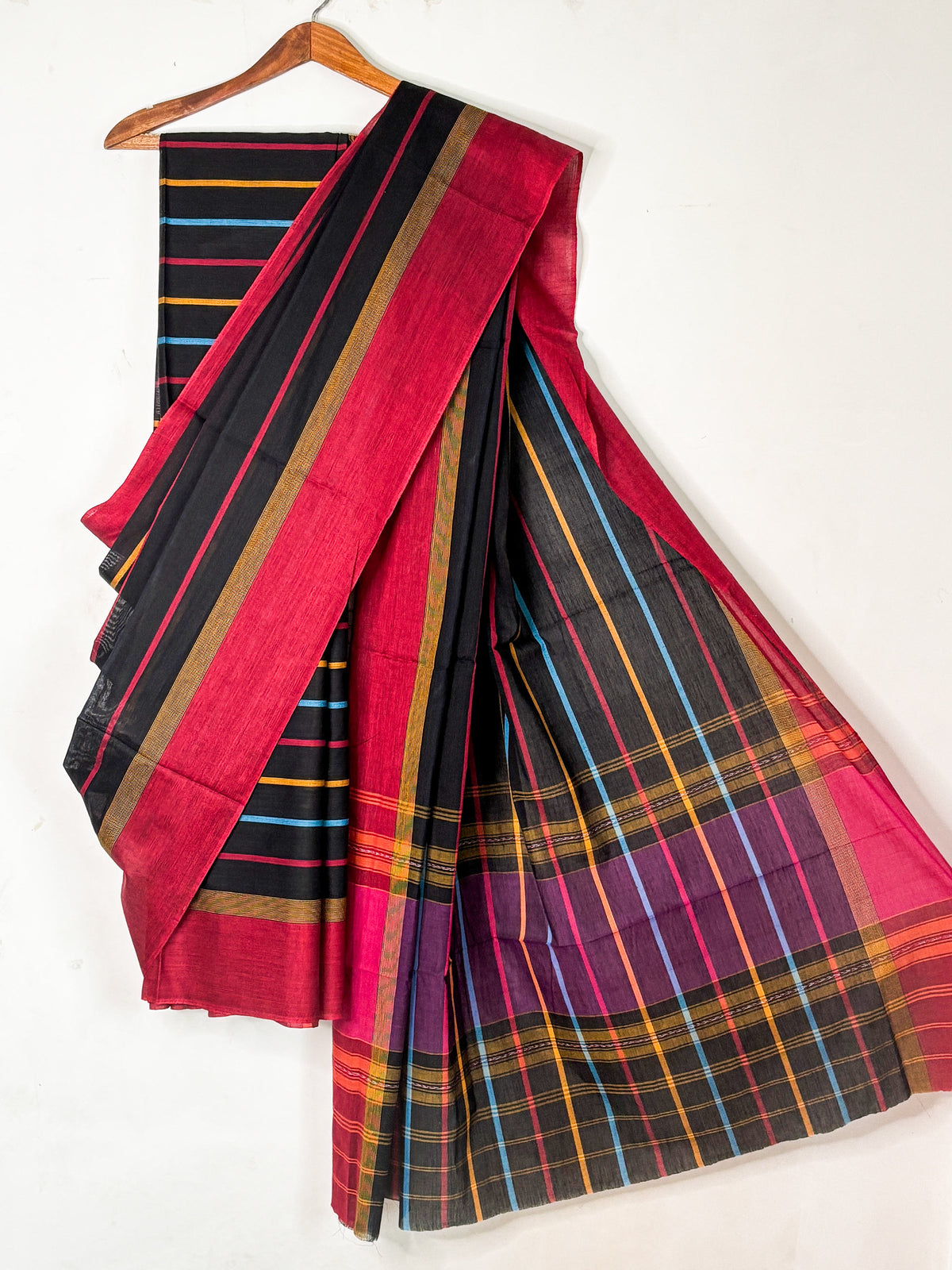 Black Dhaniakhali Cotton Saree with Multicolor Stripes and Red Border
