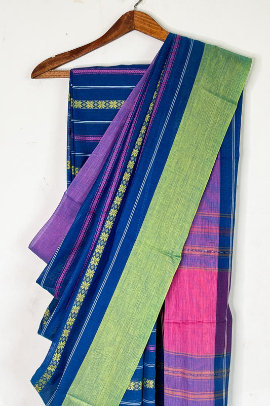 Dodger Blue Stripes Cotton Dhaniakhali Saree with Ganga Jamuna Border